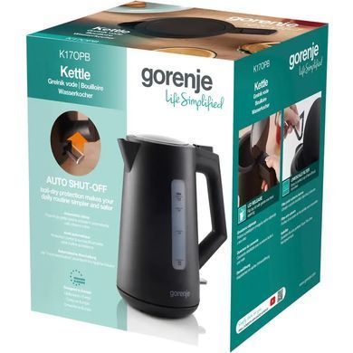 Електрочайник Gorenje 1.7л, Strix контроль, чорний матовий (K17OPB)