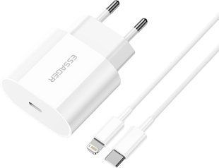 Фото: 1 з 1, Мережевий Зарядний пристрій Essager Vanjane Travel Phone Charger Set PD20W with PD 20 cable Type C to Lightning EU (EFJB02-XBL02-T), купити за 499 грн зі знижкою в Смартс | smarts.ua