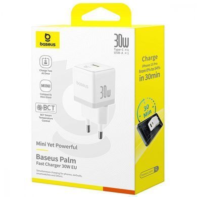 Фото: 2 з 7, Зарядний Пристрій Baseus Palm Fast Charger Type-C+USB 30W (P1011160A213-00) white, купити за 849 грн зі знижкою в Смартс | smarts.ua