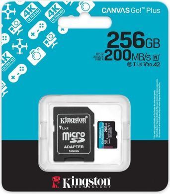Фото: 3 з 3, Карта пам'яті Kingston MicroSDXC 256GB Canvas Go Plus Gen4 200MB/s A2 U3 V30 + SD-адаптер (SDCG4/256GB), купити за 3 599 грн зі знижкою в Смартс | smarts.ua